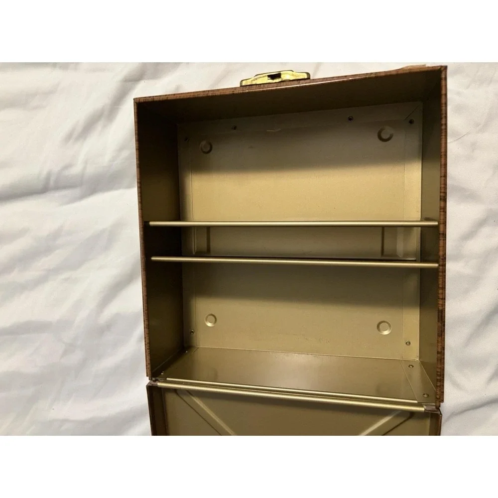 Ballonoff Porta File Check Storage Box Faux Wood Grain Brown Metal Vintage 70s